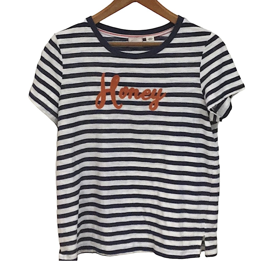 ANTHROPOLOGIE POSTMARK sz Small T Shirt Striped ‘Honey’ Short Sleeves Blue White